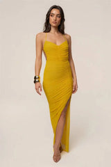 Ruched High Slit Spaghetti Strap Maxi Dress