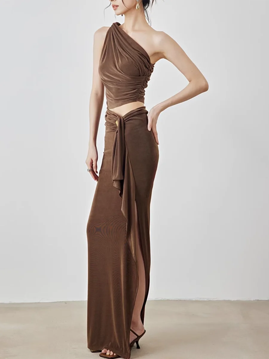 Brown one-shoulder dress with a cutout design on a white background