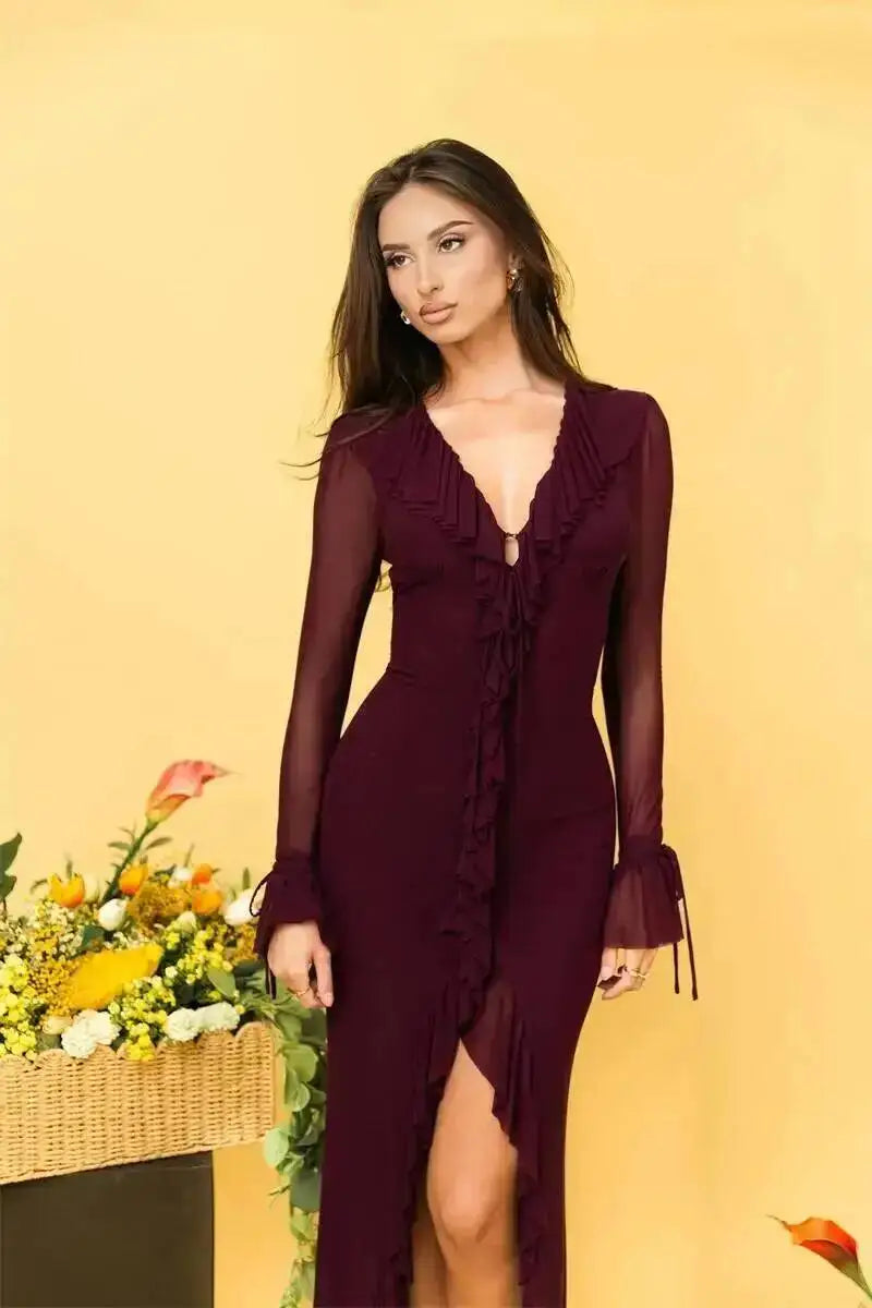 Burgundy ruffled mesh sleeve v-neck maxi dress with floral background