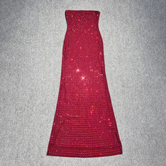 Red Wine Crystal Beaded Strapless Gown – Elegant Backless Evening Maxi Dress