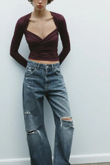 Long Sleeve V-neck Sold Drape Top