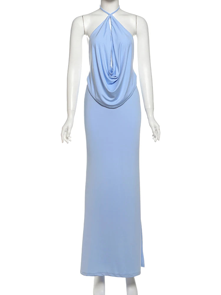 Light blue halter neck dress on a mannequin against a white background