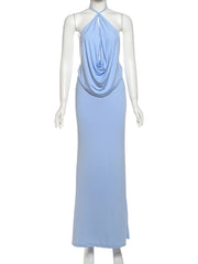Light blue halter neck dress on a mannequin against a white background