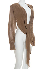 Mesh Draped Plunge Neck Long Sleeve Top