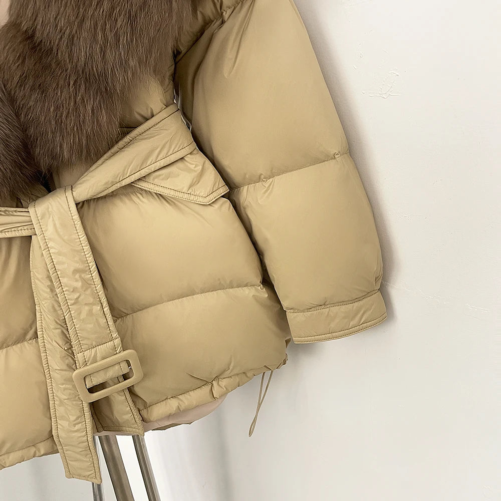 Beige puffer jacket with fur hood