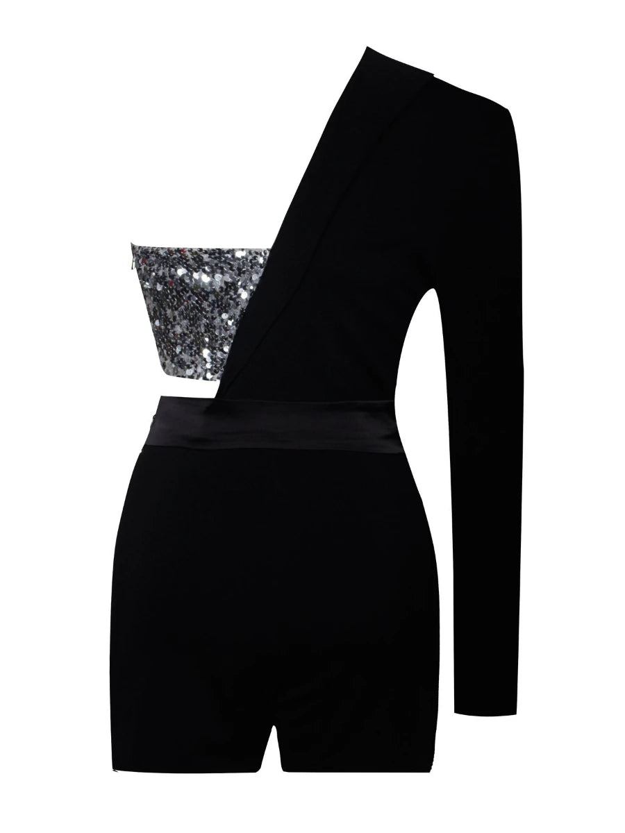 Black one-shoulder dress with sequin detail on a white background