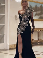 Diamond Flower Shoulder Sling Sleeveless Split Maxi Dress