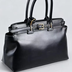 Microfiber Leather Structured Top-Handle Tote Bag – Black & Tan