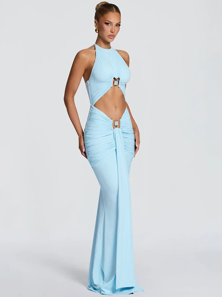 Light blue cutout halter maxi dress with ruched detail