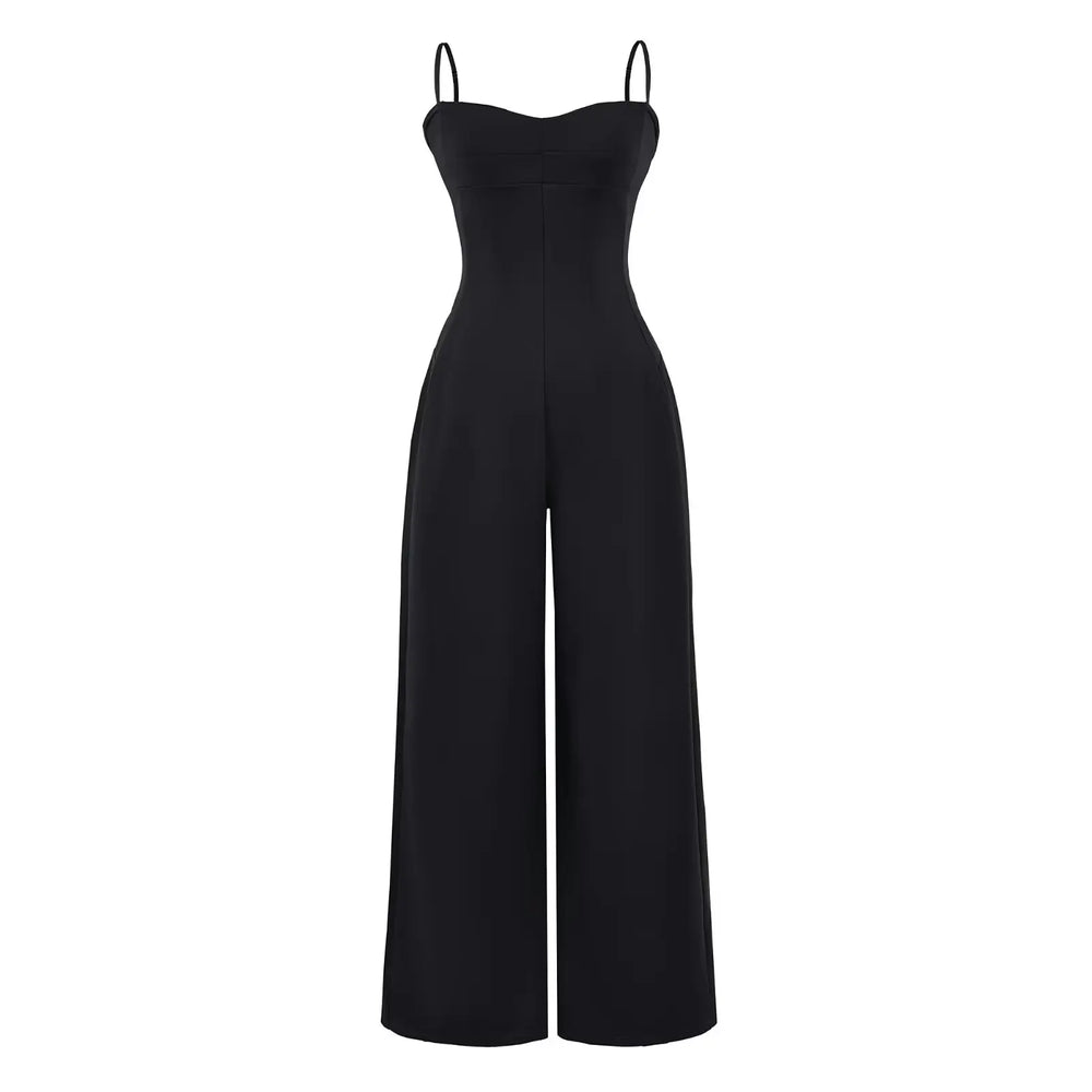 Burgundy wide-leg jumpsuit with spaghetti straps and sweetheart neckline.