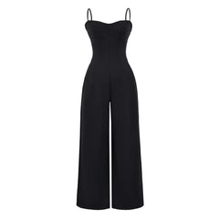 Burgundy wide-leg jumpsuit with spaghetti straps and sweetheart neckline.