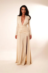 Long Sleeve Deep Neck Ruched Shimmering Slit Maxi Dress
