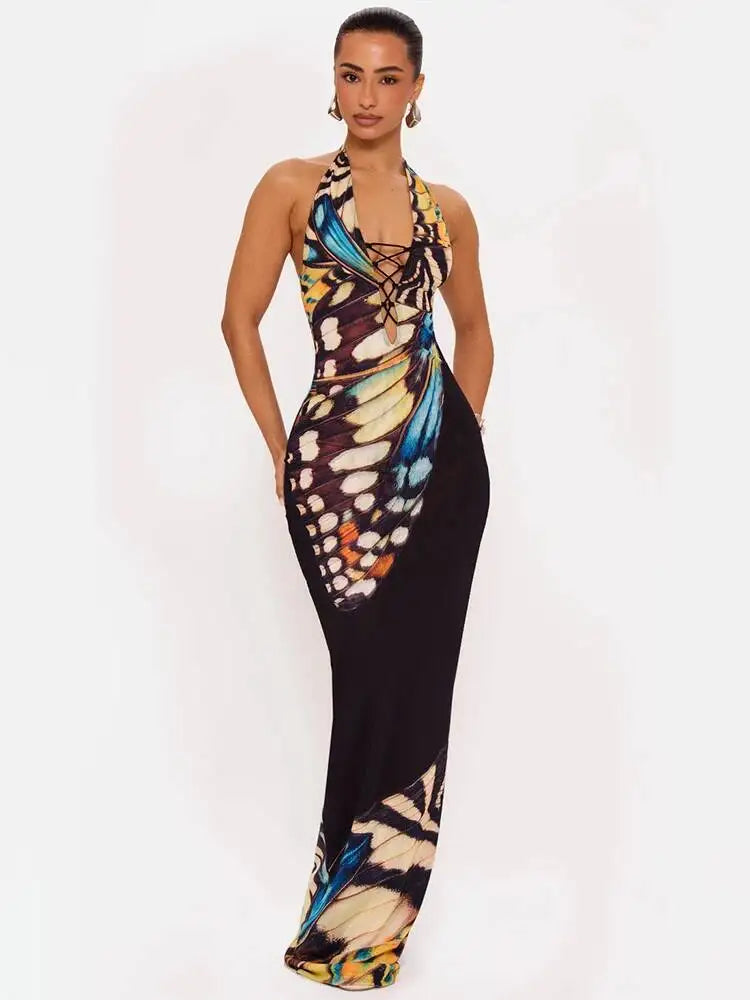 Butterfly print halter maxi dress front view
