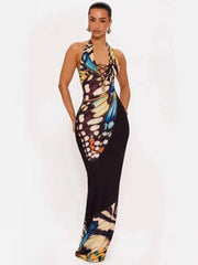 Butterfly print halter maxi dress front view
