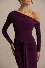 One Shoulder Ruched Long Sleeve Maxi Gown
