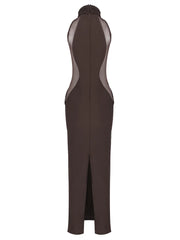 Brown evening gown with sheer panels on a white background