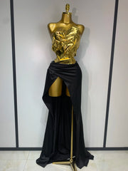 Gold metallic corset top and black draped skirt two-piece set