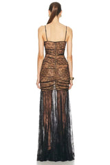 Black Lace Mesh Bodycon Gown with Sheer Overlay