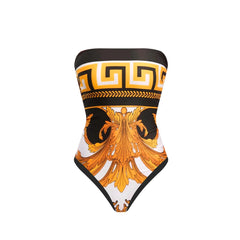 Strapless one-piece swimsuit showcasing a Greek key and medallion print.