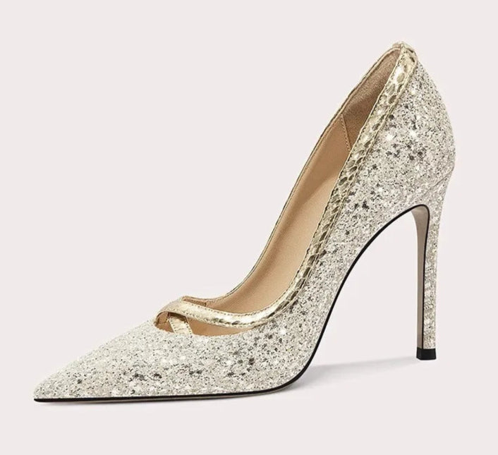 Sparkly high-heeled shoe on a white background with text indicating heel height.