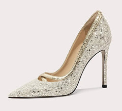Sparkly high-heeled shoe on a white background with text indicating heel height.