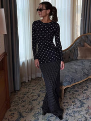 Polka Dot Printed Long Sleeve Maxi Dress