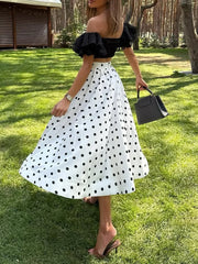 Polka Dot Halter Crop Top & High-Waist Midi Skirt Set