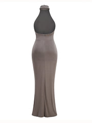 Diamond Embellished Halter Neck Ruched Floor Length Gown