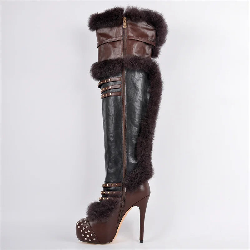 Side view of over the knee boots with faux fur trim and studded buckle straps