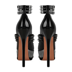 Back view of studded platform stiletto heels