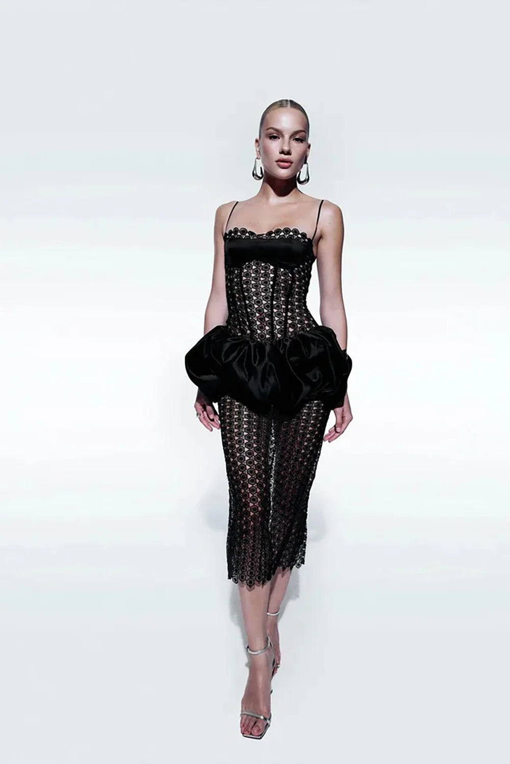 Geometric lace bodycon midi dress with puffed satin skirt