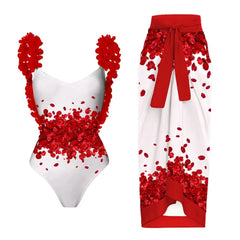 Tie-Strap V-Neck One-Piece Swimsuit with Matching Sarong Set