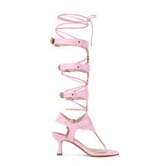 Pink lace-up gladiator kitten heel sandal with buckle straps