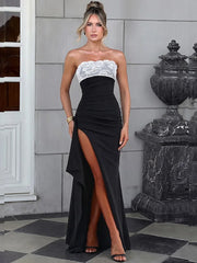 Strapless Lace Patchwork High Split Maxi Dress