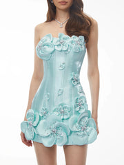 Strapless mini dress with 3D floral embellishments and beading