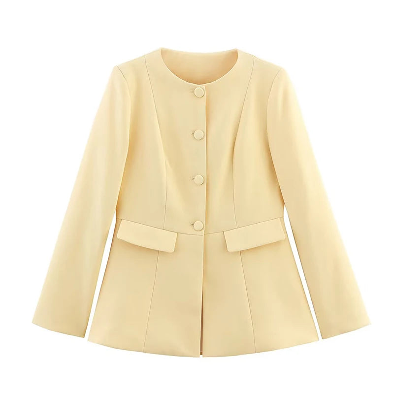 Light yellow blazer with buttons on a white background