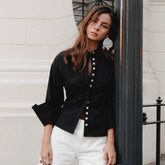 Black flared sleeve belted shirt with stand collar