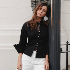 Black flared sleeve belted shirt with stand collar