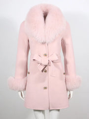 Pink coat with fur collar and cuffs on a white background