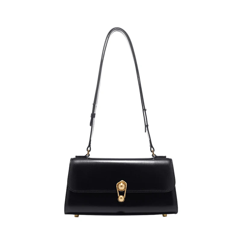Front view of a black leather shoulder bag