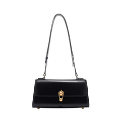 Front view of a black leather shoulder bag