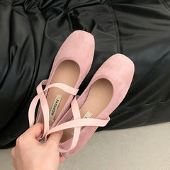 Top view of pink square toe ballet flats showing the 'Fashion' label