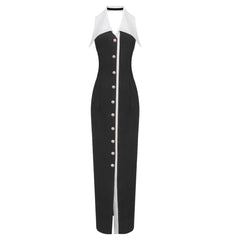 Turndown Collar Pearl Button A-line Black Midi Dress