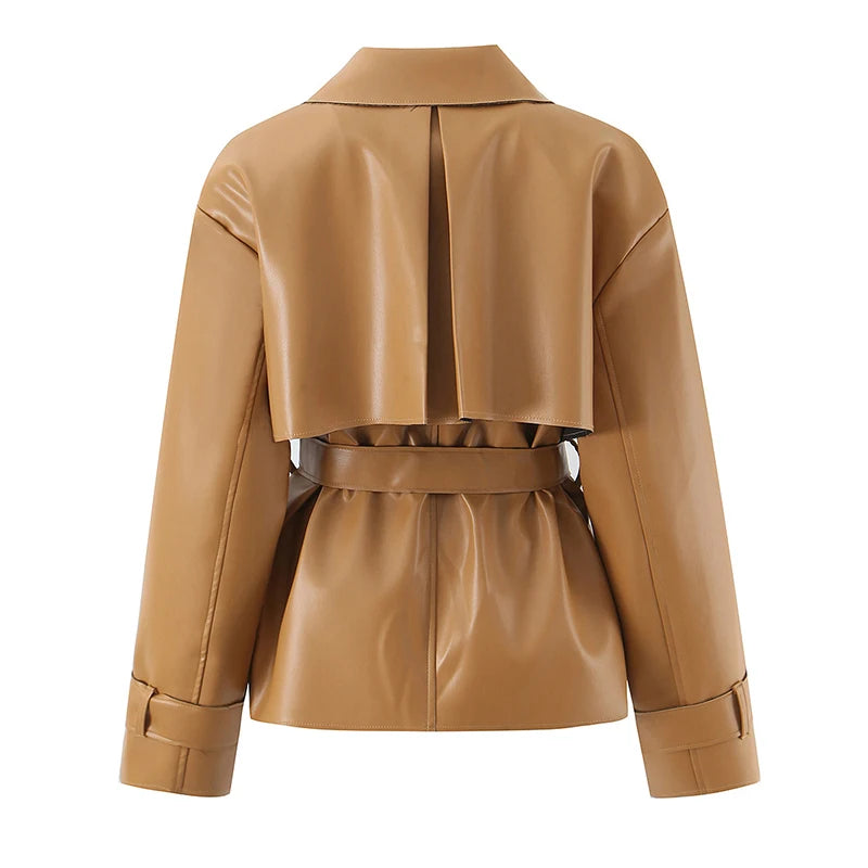 Back view of belted lapel collar faux leather jacket in tan