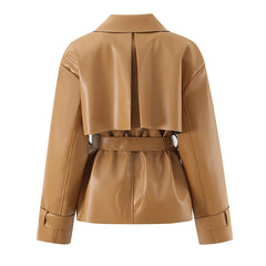 Back view of belted lapel collar faux leather jacket in tan
