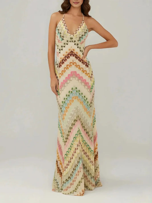 Chevron print v-neck sleeveless maxi dress front view