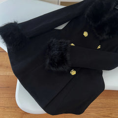 Fur Collar Black Woollen Coat Double Breasted Buckle Dress