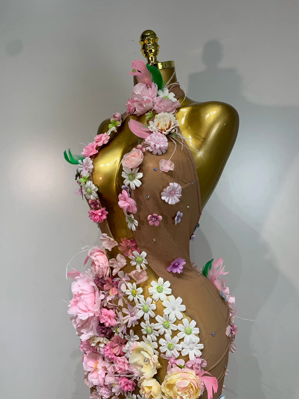 Floral applique halter maxi dress detail view