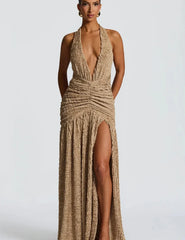 Beige halter neck dress with a high slit
