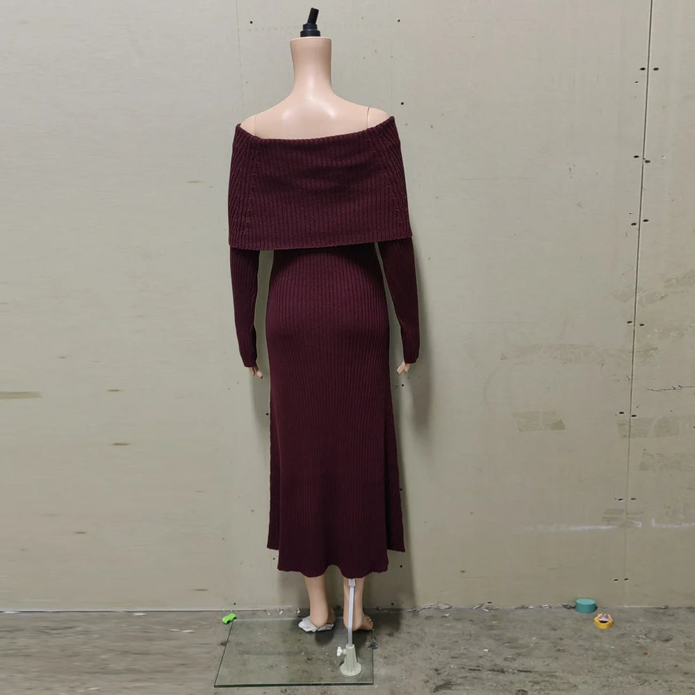 Mannequin wearing a burgundy off-shoulder top and skirt set against a plain background